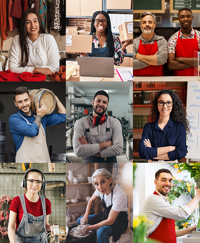 A variety of small business owners standing proudly in their stores. Hand Me The Key offers business coaching for small businesses.
