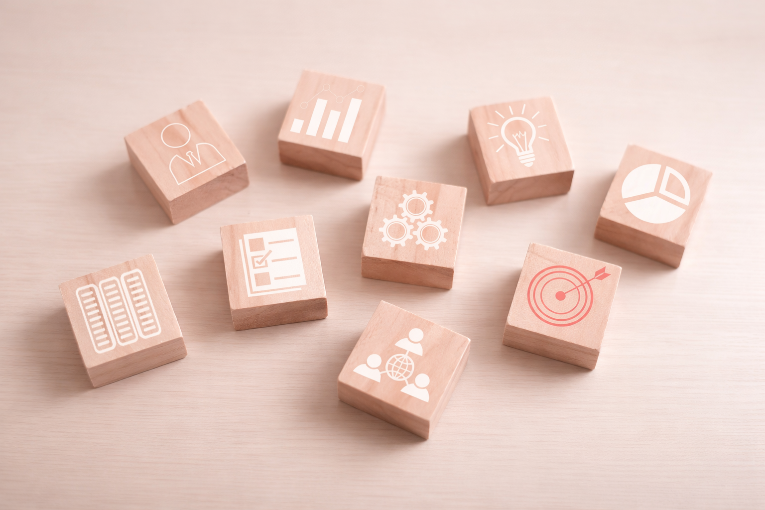 HMTK Website Home 02 Wooden blocks showing the building blocks of a successful business. Hand Me The Key provides small business coaching to help you thrive.